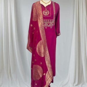 Magenta Embroidered Three-Piece Suit Set with Banarasi Dupatta