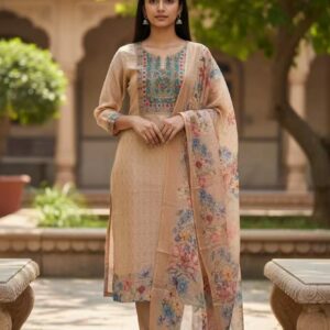 Elegant Floral Printed Kurta Set with Embroidered Yoke & Dupatta